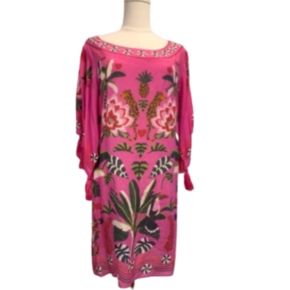 FARM Rio Anthropologie Pink Leopard Forest Beach Cover-Up Dress Kaftan (S) - Picture 13 of 13